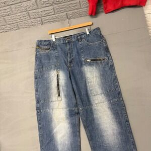 Kaalu Jeans Mens 40x34 Blue Relaxed Wide Leg Utility Cargo Zipper Denim Pants